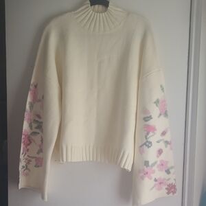 DAVI & DANI Cream Mock Neck Sweater with Pink Floral Sleeves